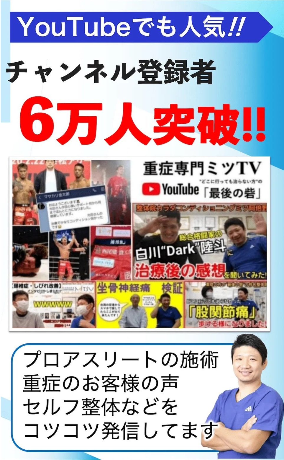 大阪で病院でも治らない手術が必要な重症の腰痛ヘルニア・膝痛・変形性股関節症・頚椎症・五十肩・手足のシビレ専門整体治療院ミツ阿倍野