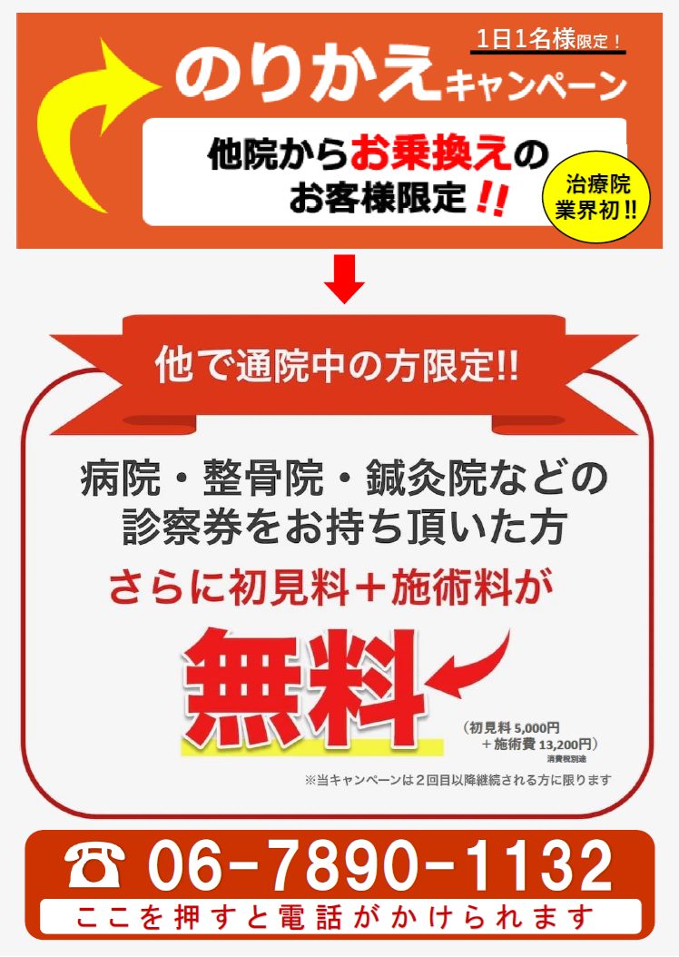 大阪阿倍野区西田辺で唯一の重症な腰痛ヘルニア・膝ひざ痛・股関節症・五十肩・頚椎首・スポーツ怪我の専門整体治療院